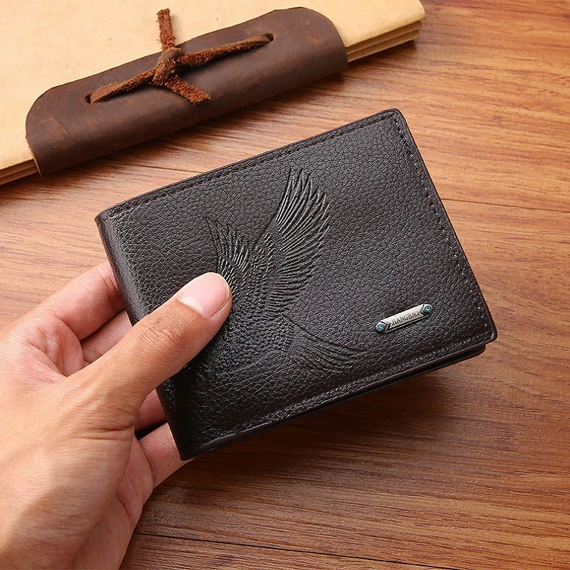 Classic Men's Leather Wallets Slim Minimalist Hawk Pattern Bifold Credit ID Card Holder Wallet Purse Short Thin Money Clip