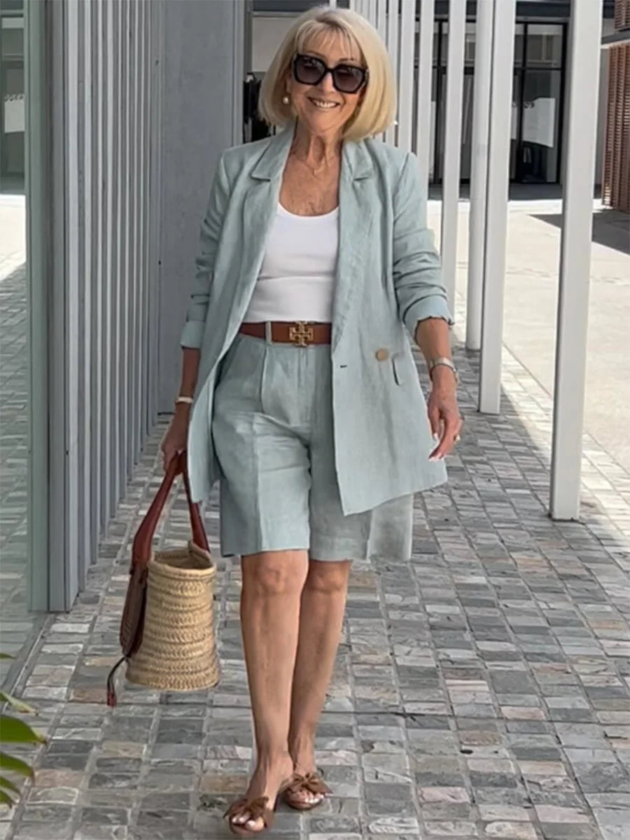 Summer New Solid Color Long Sleeve Shorts For Women's Suit Set Stylish Cardigan Female Office Suit 2 Piece Set