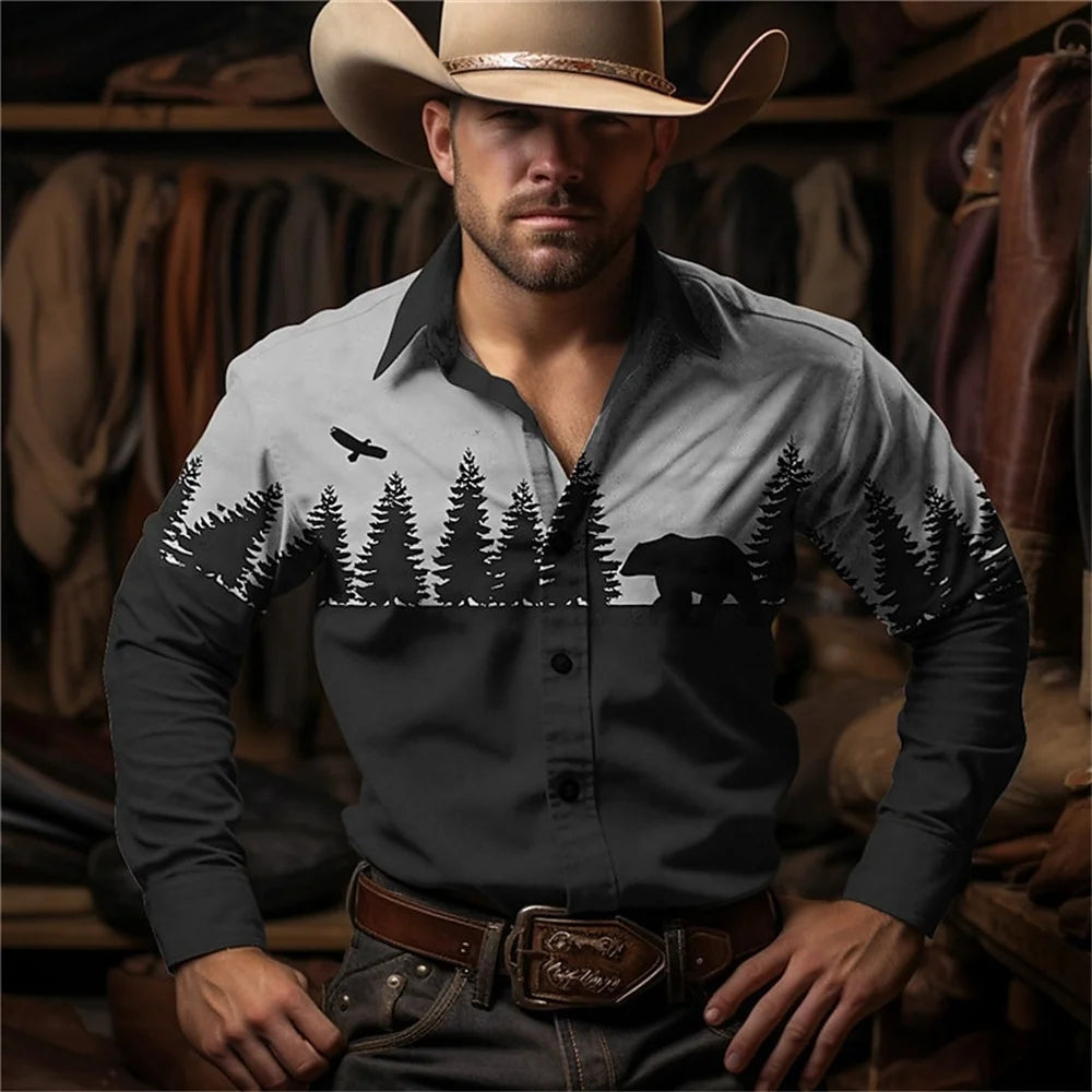 2024 Retro Fashion Simple Long Sleeve Western Denim Men's Social Shirt Top Rock Men's Street Retro Fashion Casual Clothing