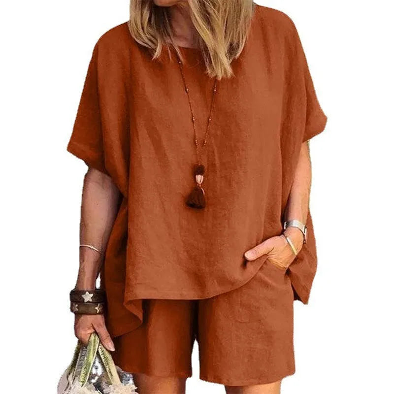 Ladies Shorts Suit Fashionable Summer Women's Elegant Solid Color Pullover Loose Cotton Linen Short Sleeved Shorts Two-piece Set