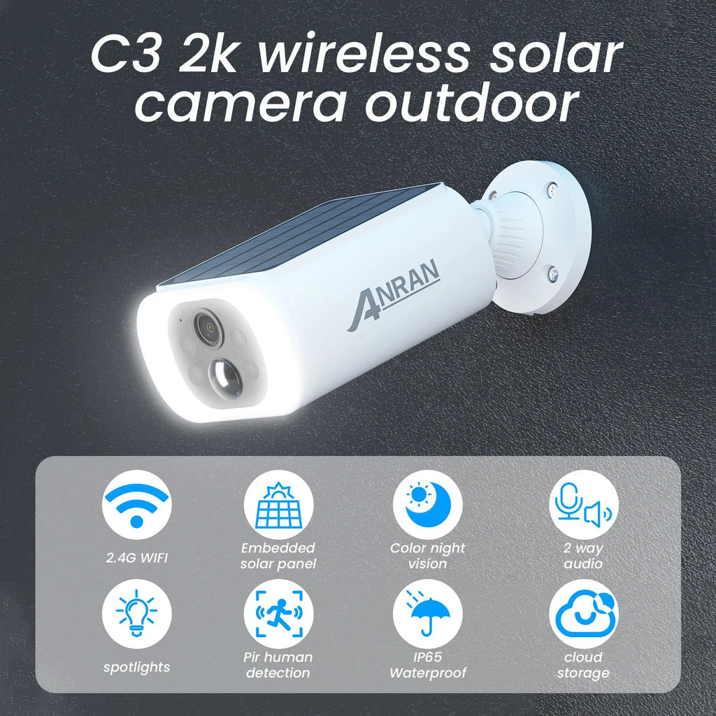 ANRAN 2/3/4 PCS Outdoor Wireless WIFI Camera 2.4G 3MP Battery Solar Security Camera Floodlight Color Night Vision Local Alarm