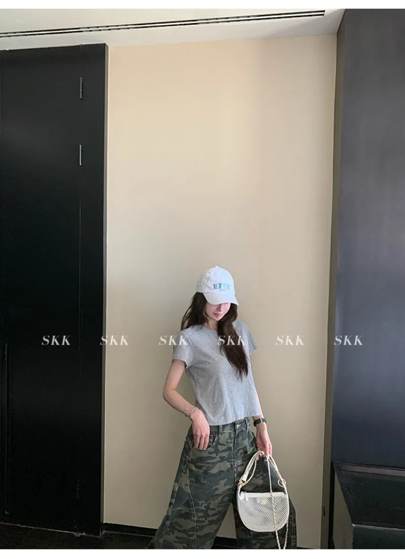 YJKDYK High Waist Camouflage Workwear Jeans Women's Autumn Spring American Retro Wide Leg Floor-Length Pants Trendy High Street