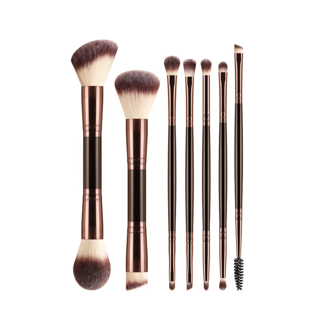 7 double-ended makeup brushes, loose powder brush, foundation brush, eyeshadow brush, eyebrow brush, soft hair beauty tool.
