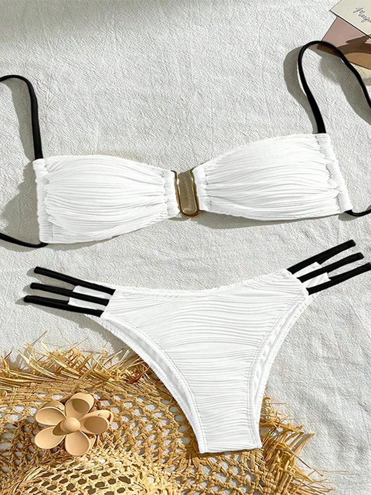 Vzvn Sexy Solid Beach Vacation Bikinis Set Women Split Swimsuit Bikini 2026 New All Season Backless Bandage Bikinis 2 Piece Set