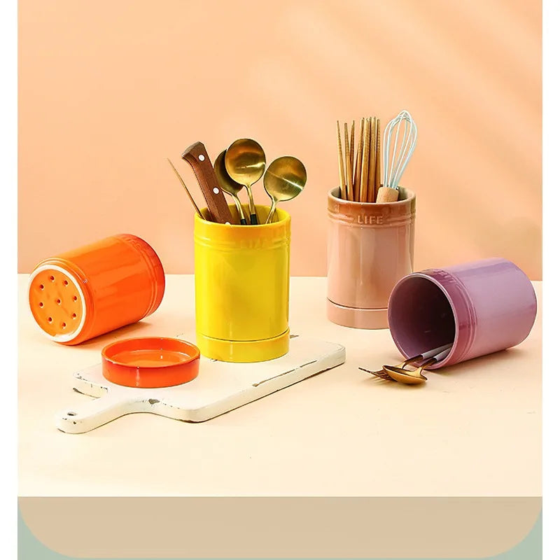Porcelain Kitchen Utensil Holder for Countertop,Ceramic Storage Organizer for Knives Spoons and Forks,Cooking Tools Container