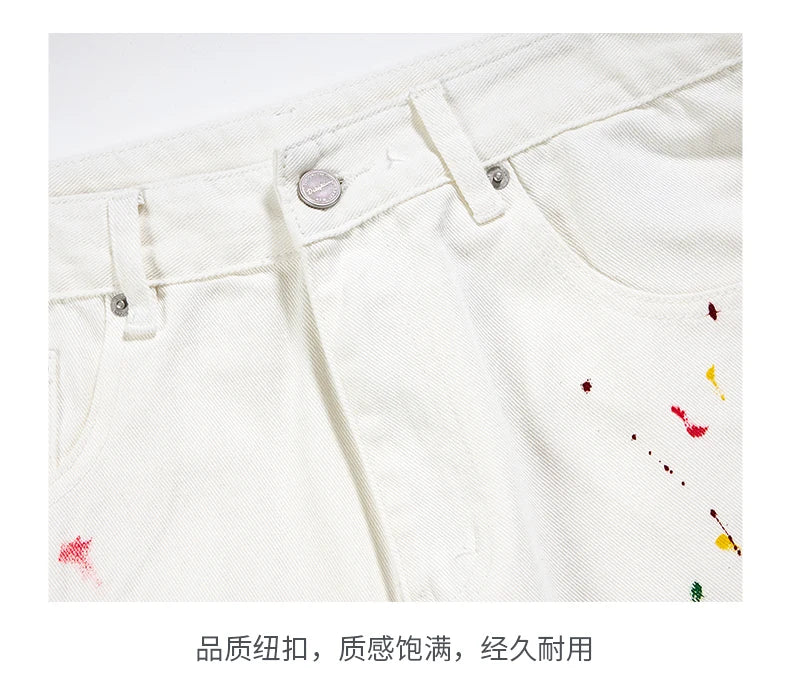 Men's Color Ink White Denim Jeans Cityboy Streetwear Fashion Hip Hop Loose Casual Wide Leg Baggy Jeans Y2k Pants