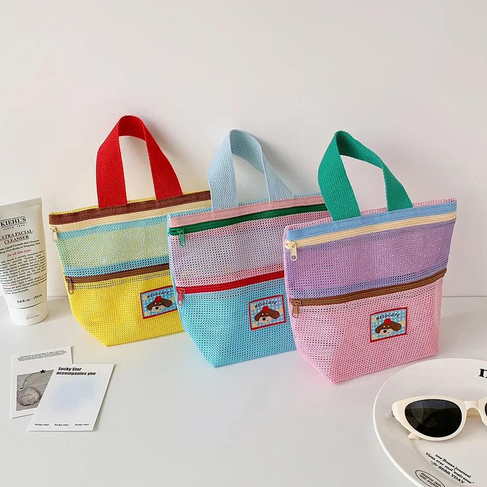 Women's Color-Block Mesh Makeup Bag with Top Handle and Cute Patch Small Cosmetic Pouch for Daily Travel Essentials Storage