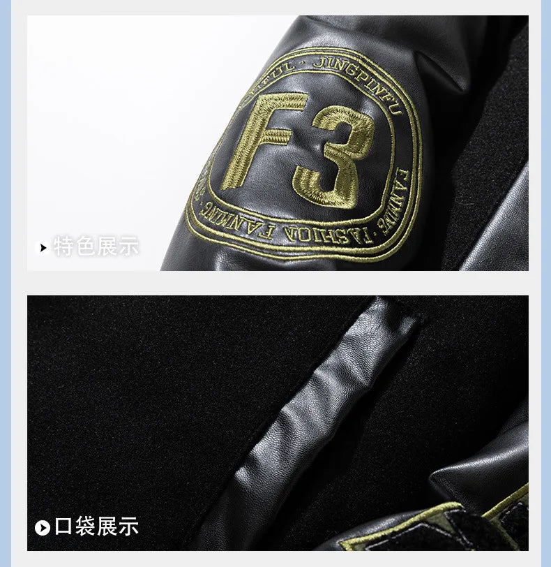 Vintage Letter Embroidered Baseball Jacket Cotton Coat Men's Winter Leather Sleeve Patchwork Woolen Thicken Overcoat