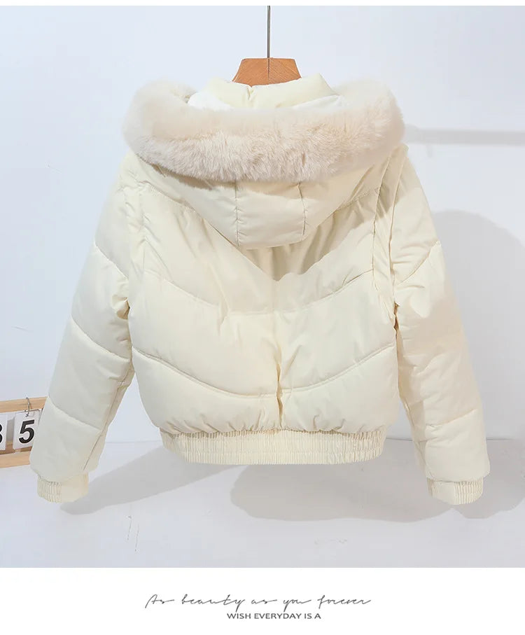 Winter Thickened Short Korean-Style Cotton-Padded Jacket with Fur Collar for Petite Women Warm Coat down Filled