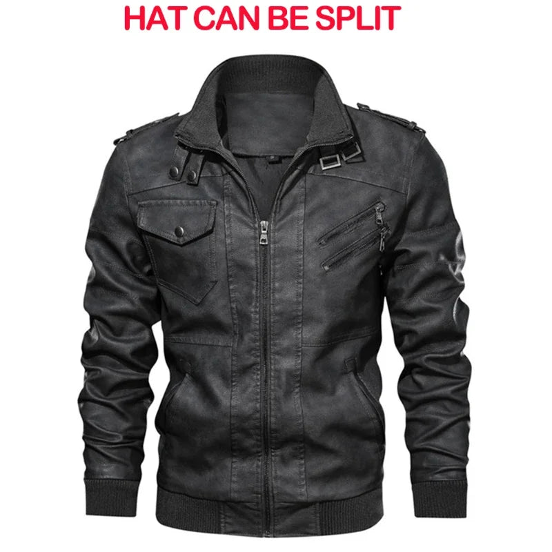 New Men's Hooded Leather Jackets Autumn Winter Casual Zipper Motorcycle PU Jacket Biker Leather Coat Hat Detachable Punk Outwear