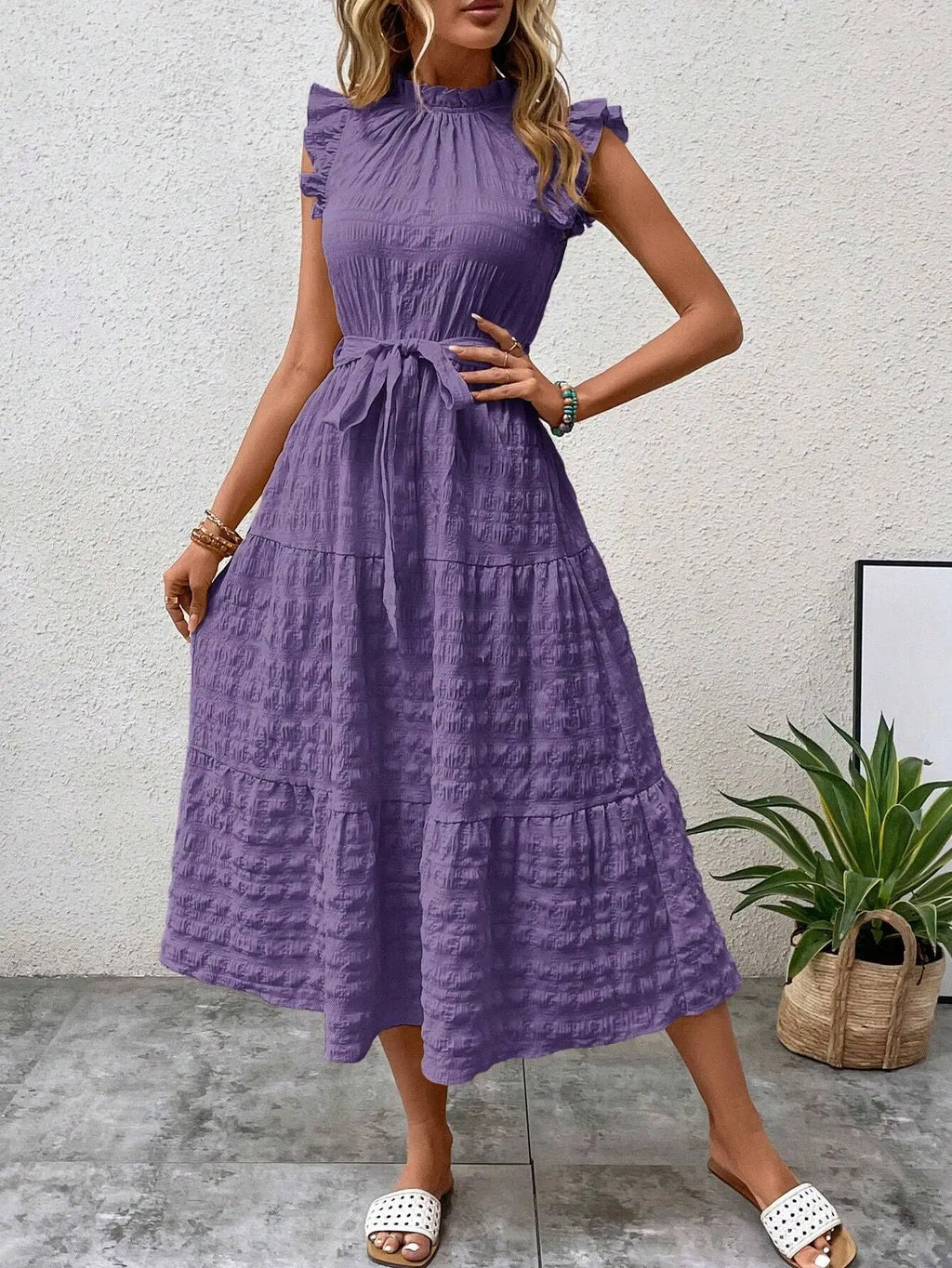 Elegant Women's Summer New Fashion Wooden Ear Edge Flying Sleeve Lace Up Texture Dress Purple  Sleeveless Lace Up Long Dresses