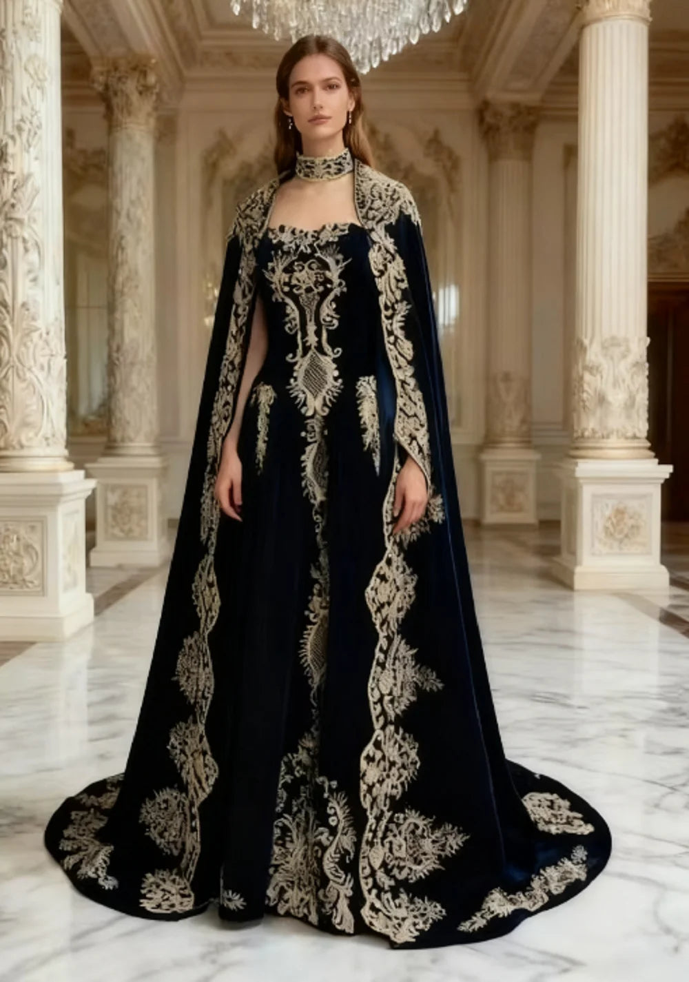 Navy Sweetheart 2-pieces Appliques Evening Dress Caftan Kaftan Velvet Prom Dresses Elegant Women Cocktail Gown Vestido De Gala