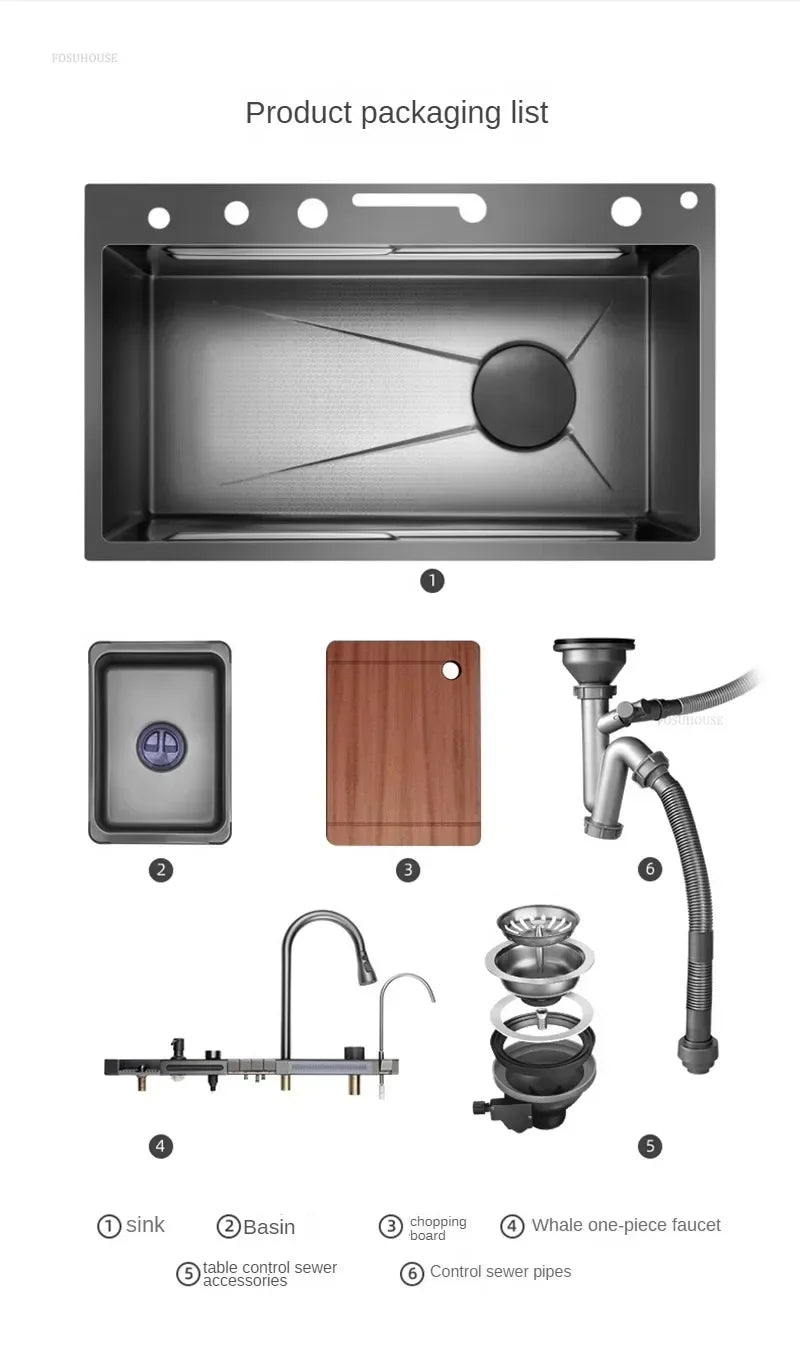 304 Stainless Steel Kitchen Sinks Large Single Bowl Nano Embossed Wash Basin Digital Display Modern Home Station