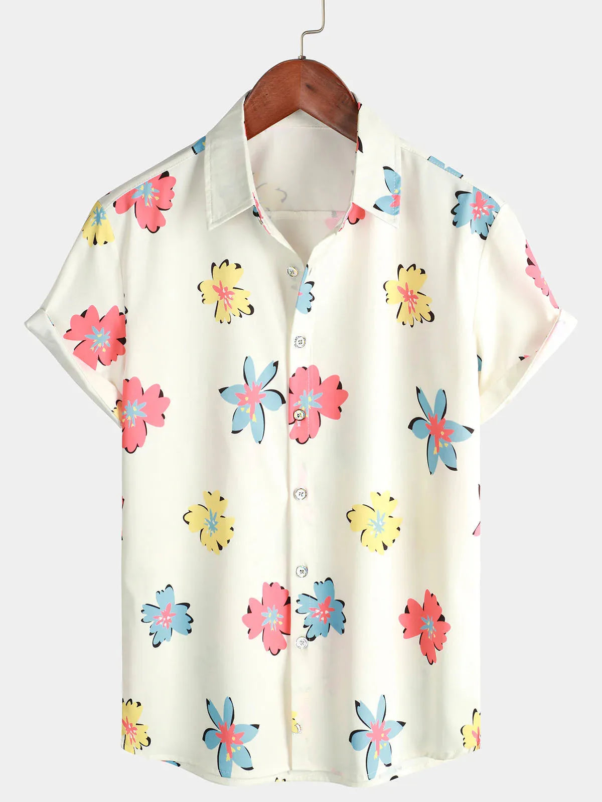 Men's Blue Floral Print Hawaiian Button Down Summer Beach Casual Collar Short Sleeve Shirt Ropa Casual Para Hombres