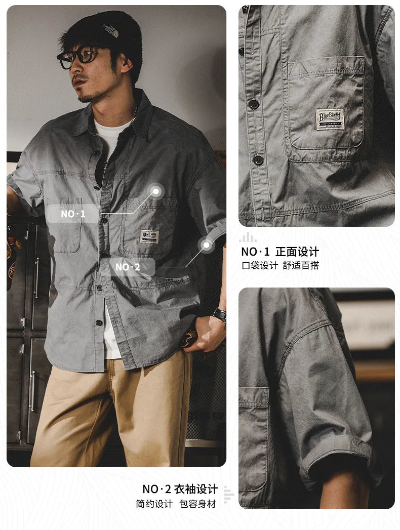 Men's Retro Short Sleeve Shirts Cotton Shirt Japanese Casual Loose Fit Thin Breathable Plus Size Shirts for Men Summer Workwear