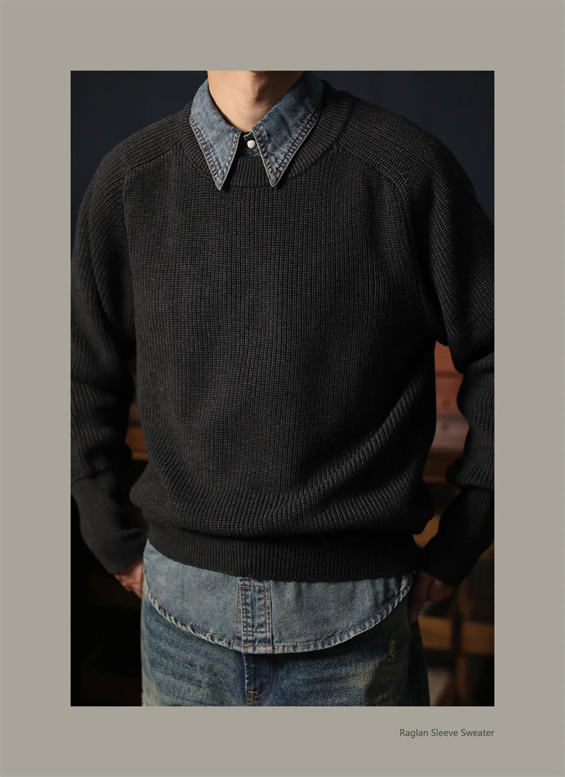 Classic Raglan Sleeve Crewneck Sweater Vintage Style Men's Wool Blend Knitted Pullover Jumper Thick