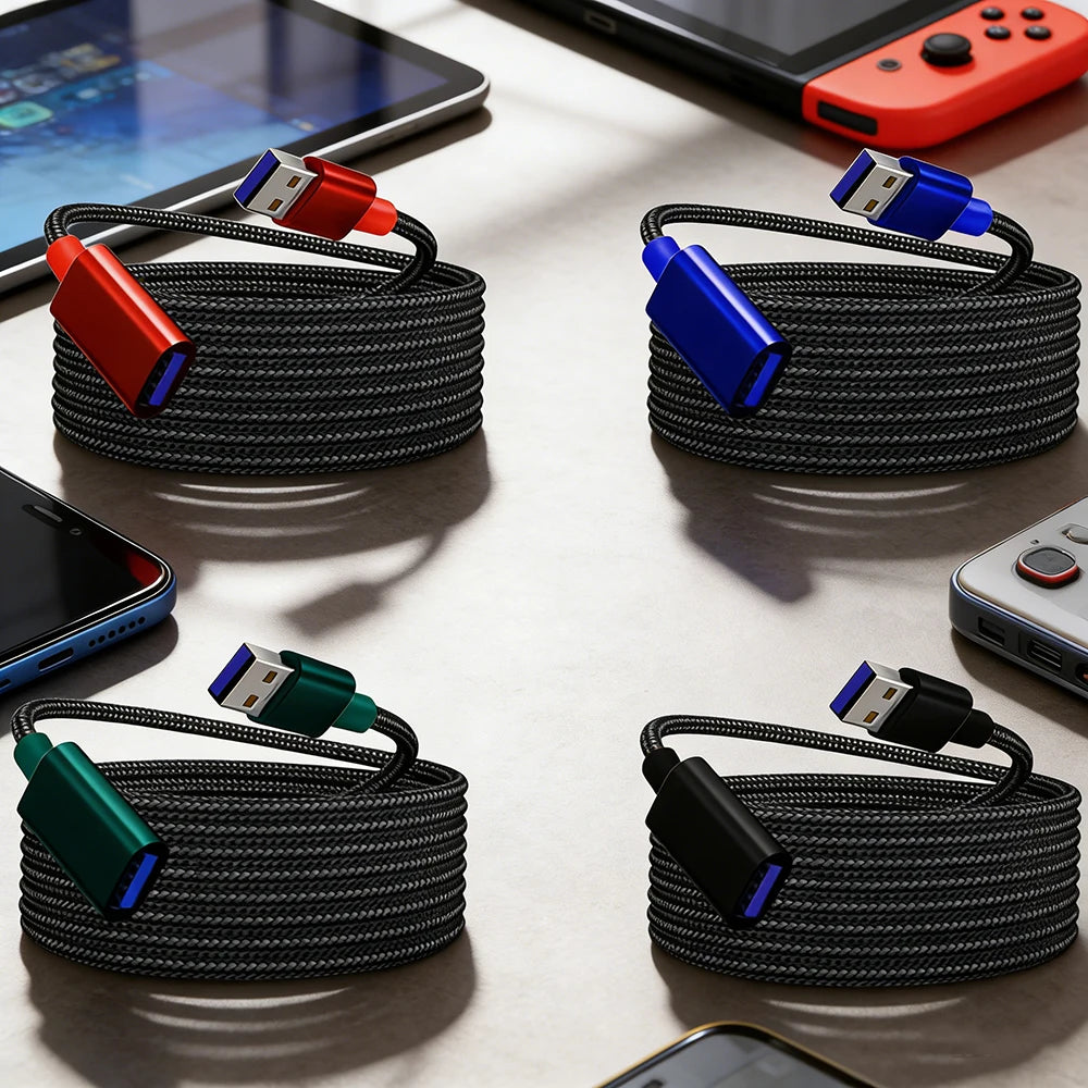 USB Extension Cables for Keyboards, Mice, Game Consoles, and Other Devices, Available in Four Colors.
