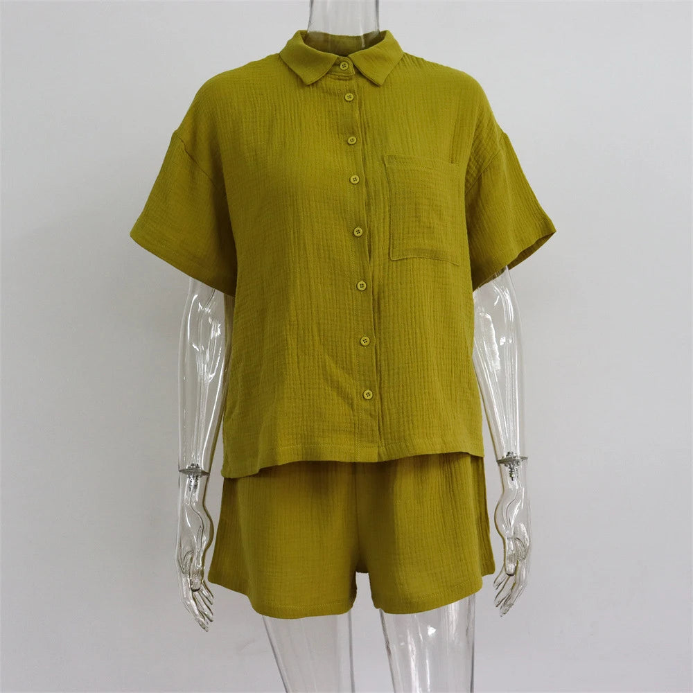 Summer Two Piece Set Women Shorts Suit Green Lapel Long Sleeve Shirts Sets Female Elegant Casual High Waist Pants Lady Outfits