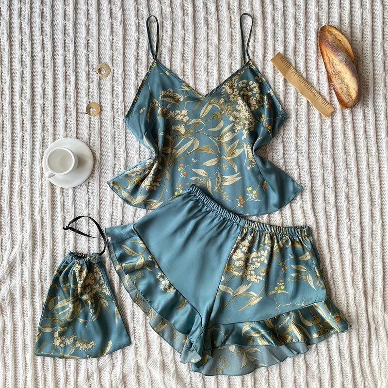 Summer Elegant  Print Cami Tops Ruffle Hem Shorts Pajama Set  Women's Sleepwear V Neck Strap Loungewear