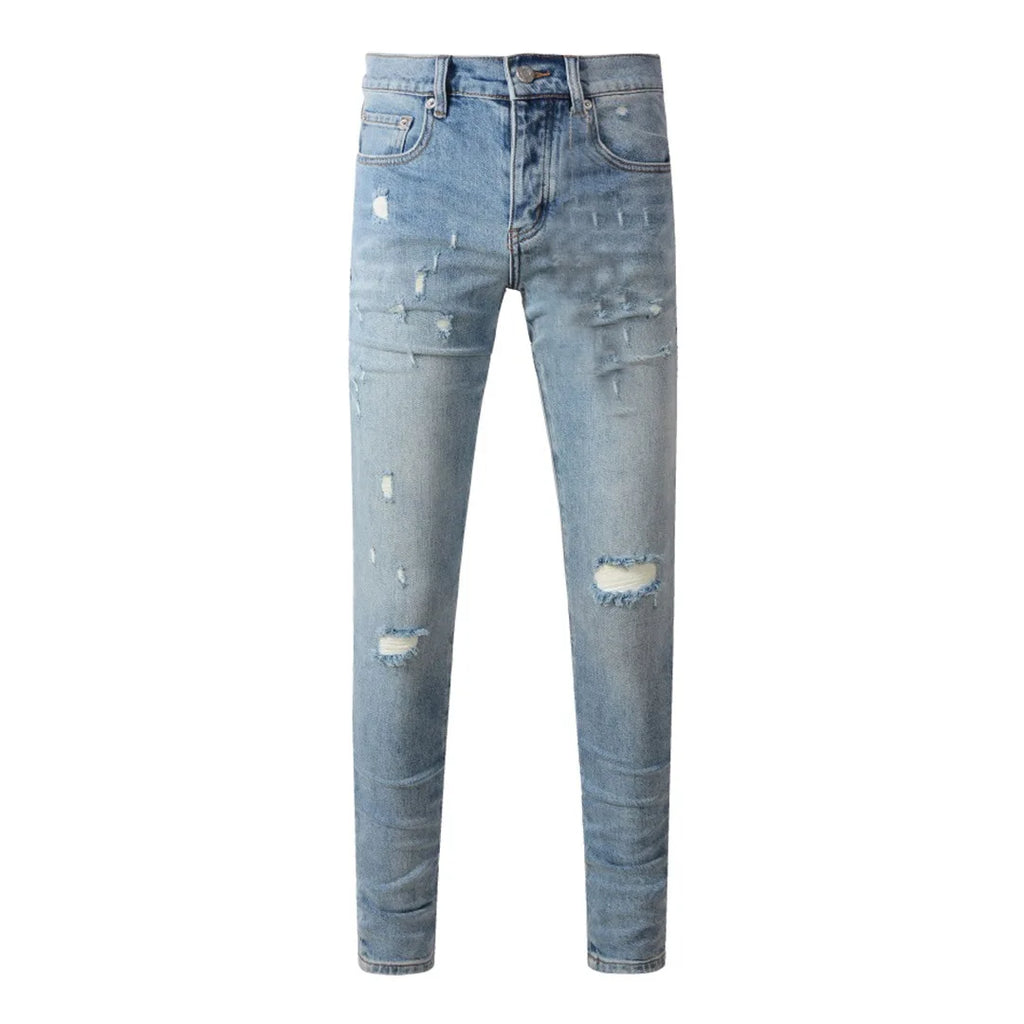 High Street American Distressed Men's Jeans Fashion Brand Coated Blank Stretch Skinny Button Fly Ripped Pants Trousers