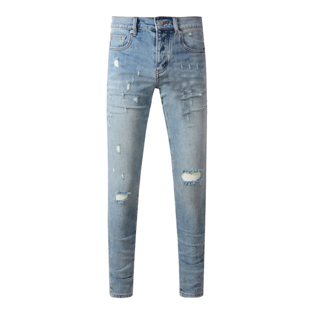High Street American Distressed Men's Jeans Fashion Brand Coated Blank Stretch Skinny Button Fly Ripped Pants Trousers