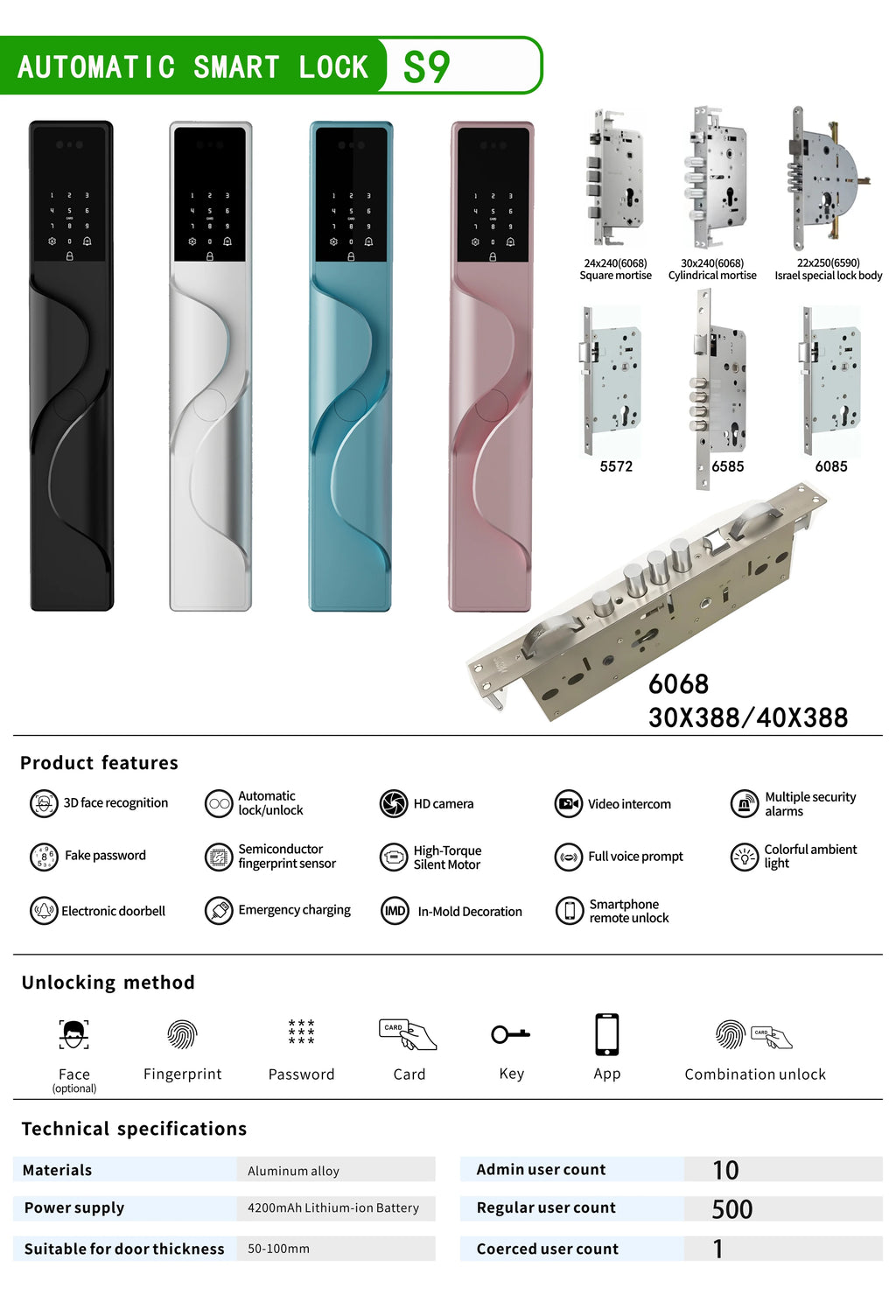 2026 Tuya Wifi Palm Face Recognition Smart Lock Video Monitoring Intercom Smart Door Lock Compatible with Israeli Mortise