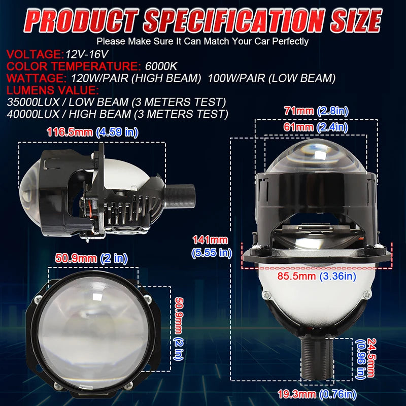 2.5 Inch Bi Led Projector Lens Led Light H4 H7 9005 9006 Car Headlight Bulb High Low Beam 6000K Diode 300W 30000LM Turbo Tuning