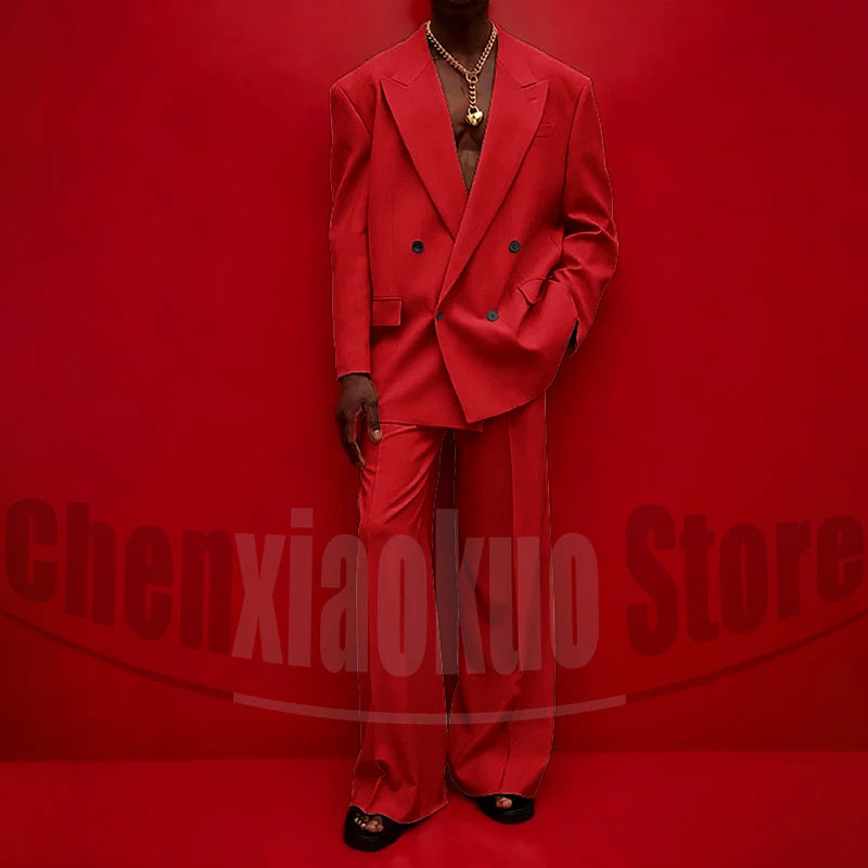 Men's Double Breasted Suit Set Oversized Blazer and Wide-Leg Trousers Fashion Casual Formal Outfits for Streetwear Party