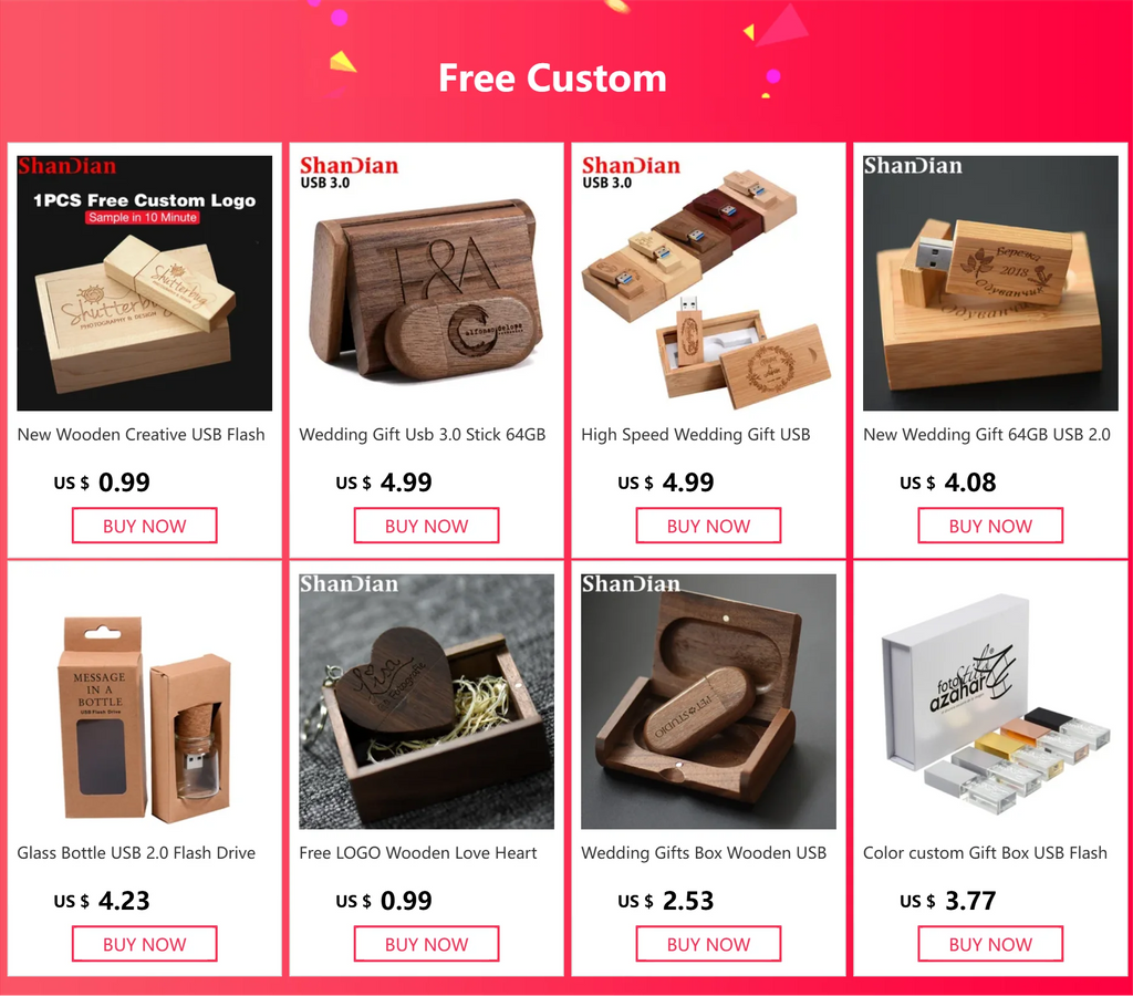 Wedding Gift USB 3.0 Stick 64GB Custom Logo Wooden Box Flash Drives 32GB Pendrive Free Sample U Disk 16GB 8GB 4GB Memory Stick