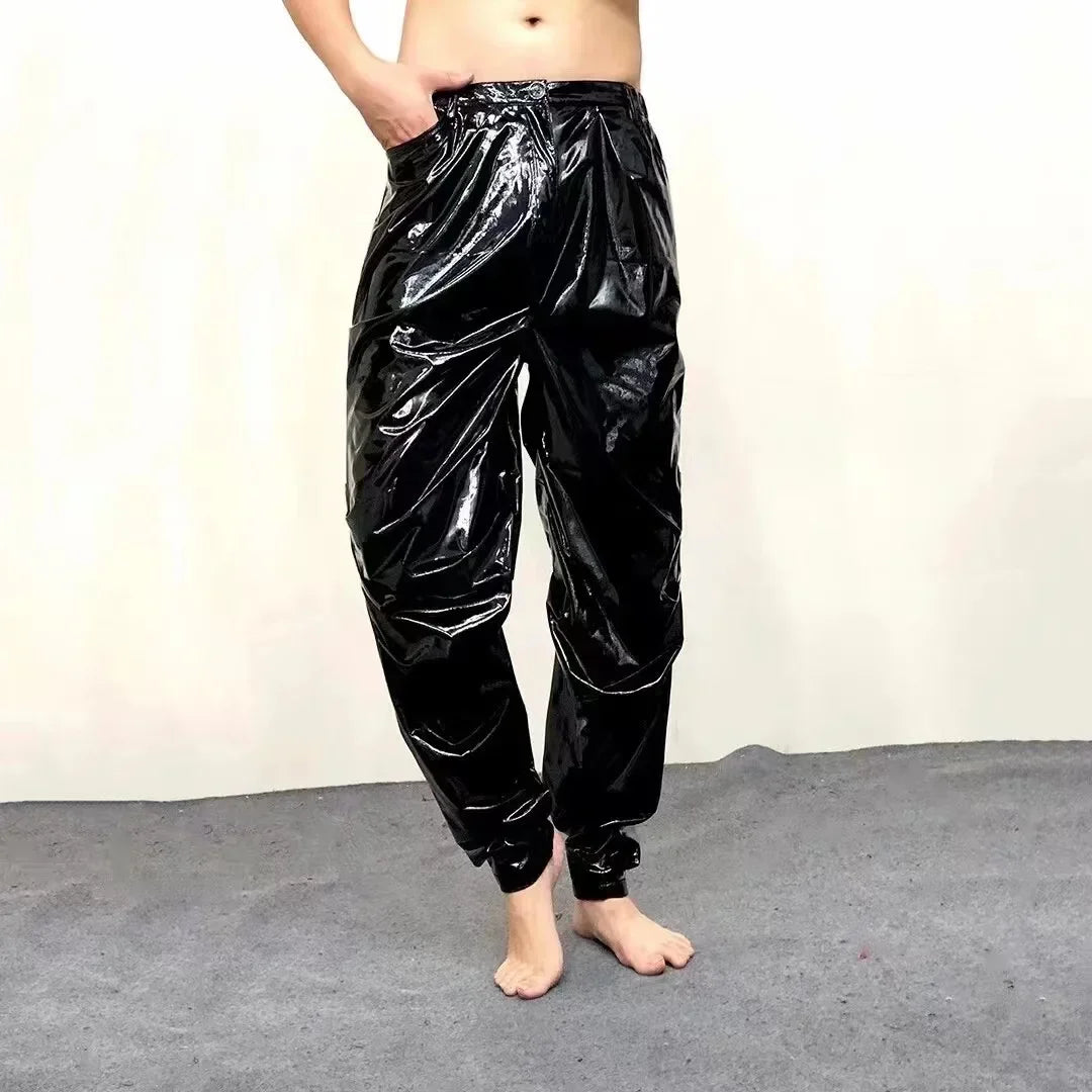 Men Mid Waist Shiny Faux Latex Leather Loose Hiphop Pants With Pocket Male Solid Color Stretch PVC Trousers Clubwear New Custom