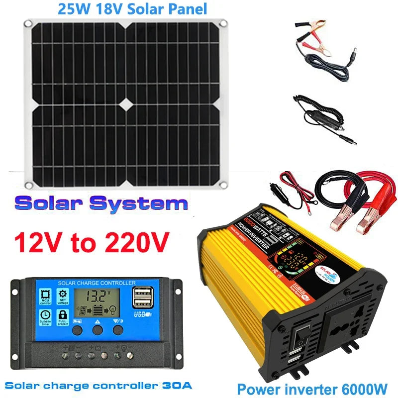12V to 110V/220V Solar Power System 25W Solar Panel 30A Charge Controller 4000W Modified Sine Wave Inverter Power Generation Kit