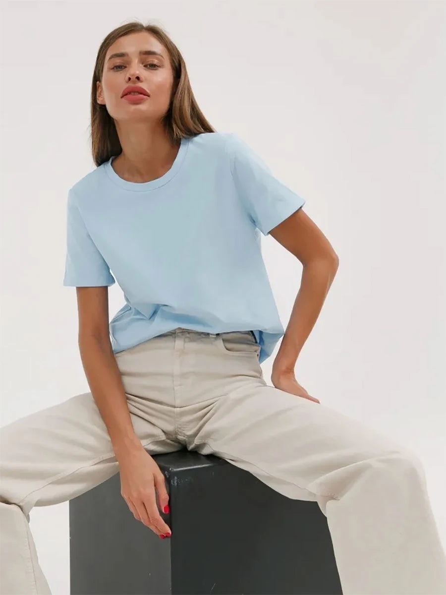 Cross border hot selling cotton T-shirt with round neck and short sleeves for European and American women loose basic top