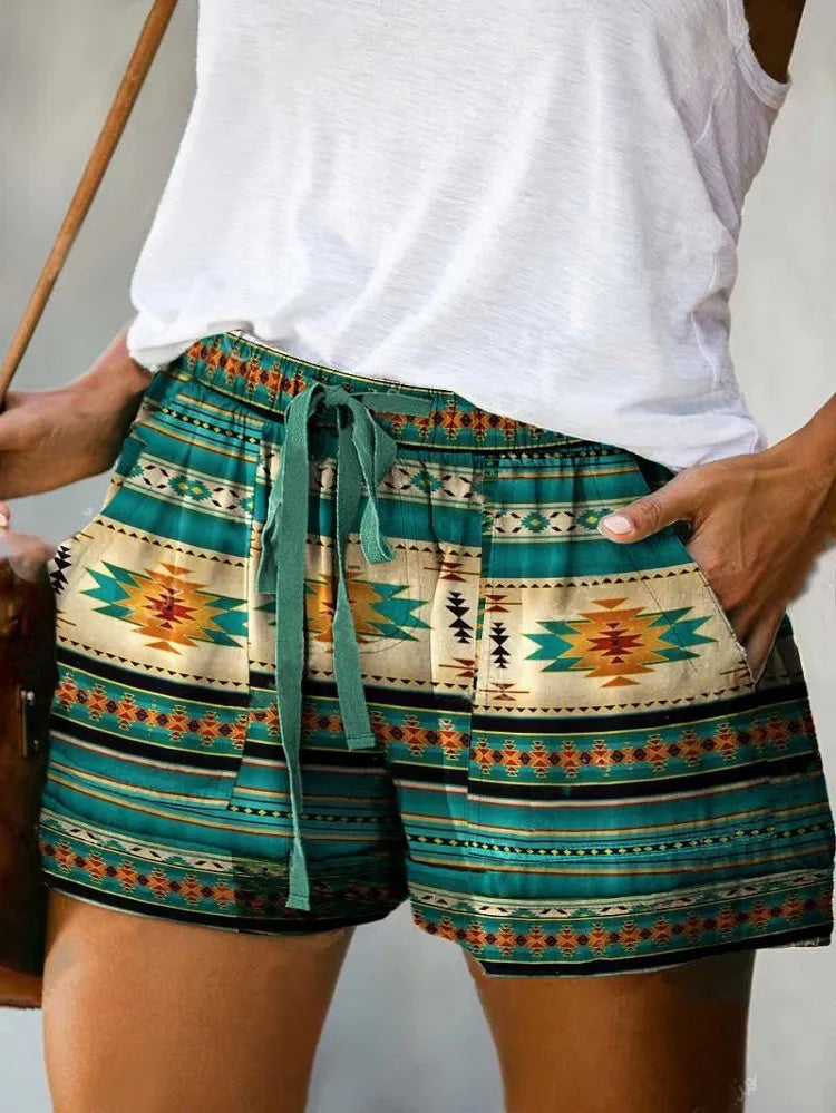 High Waist Printed Loose Shorts Lace up Straight Leg Pants European Style Simple Fashion Polyester Fiber Non Iron Daily Wear