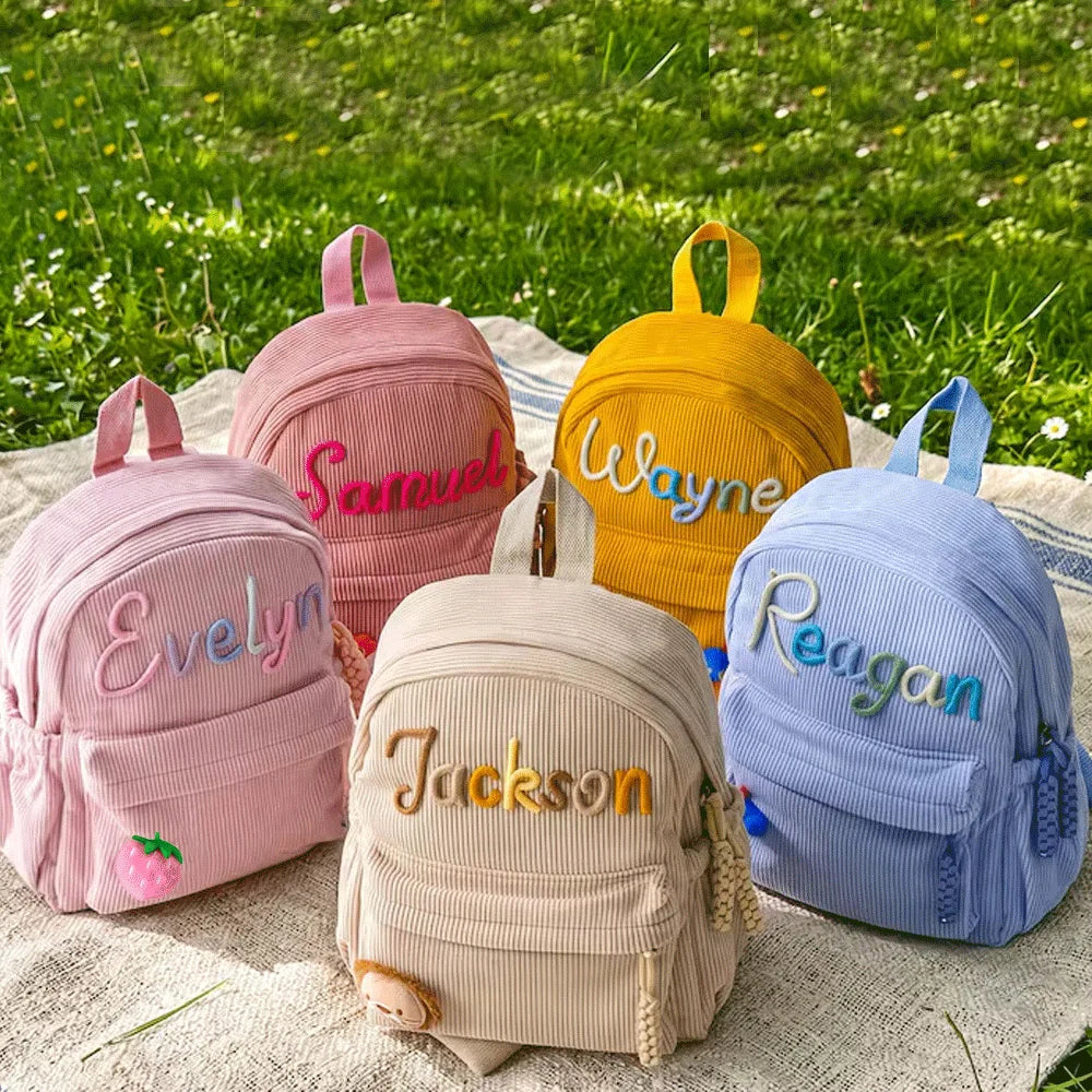 Personalized Small High-Quality Corduroy Backpack – Customizable School Bag with Name Print; Cute and Practical