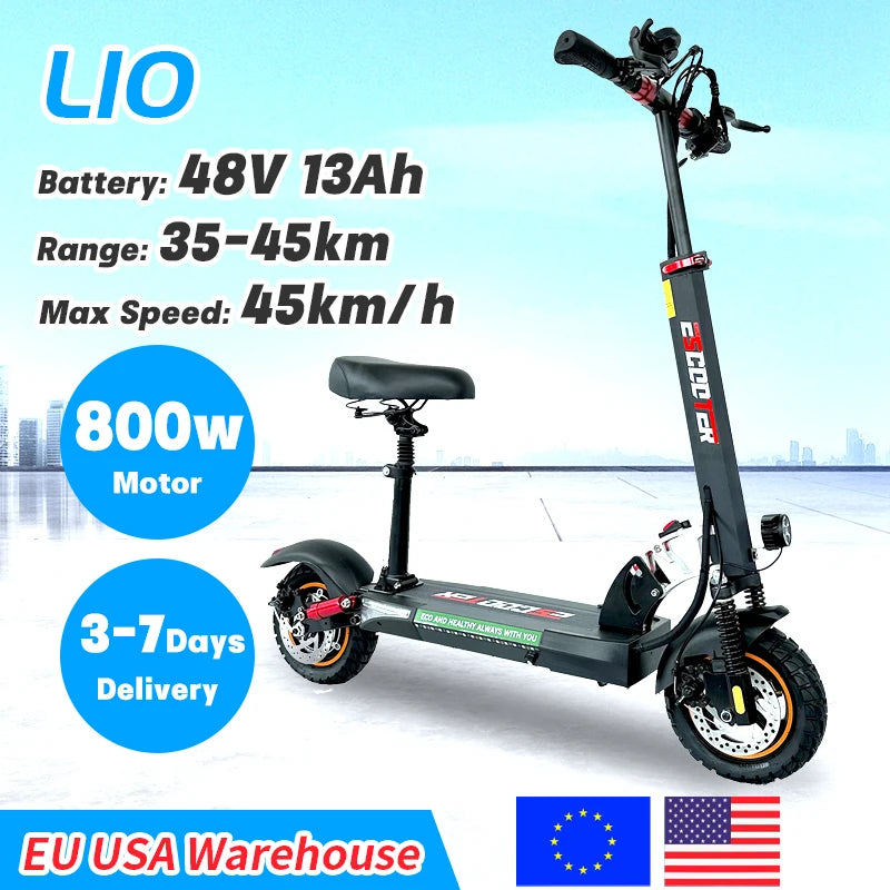 800W Powerful Electric Scooter 48V 13Ah Max Speed 45km/h Long Range 10'' Tires Dual Shock Absorbing Folding EScooter for Adults