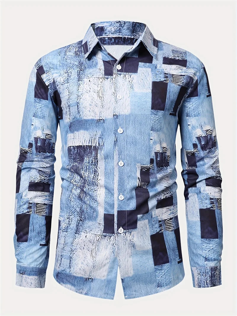 2025 men's printed casual shirt with breathable long sleeves and lead buttons suitable for spring and autumn