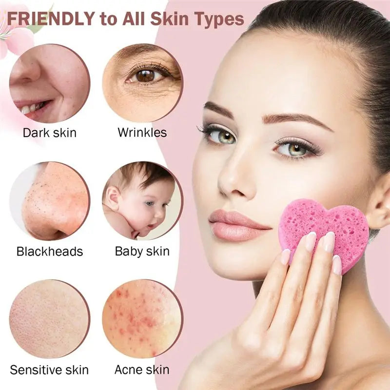 BAAG-100 Count Compressed Facial Sponges Heart Shape Face Sponges Natural Facial Cleansing Sponges Pads Pink For Cleansing
