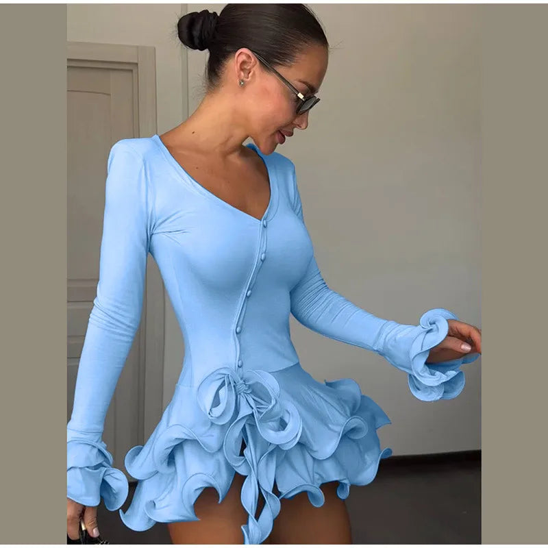 Chic Ruffle Hem Women's Dress V-Neck Long Sleeve Waist-Closed Buttons Solid Lady Mini Dresses 2026 Summer Fashion Female Robe