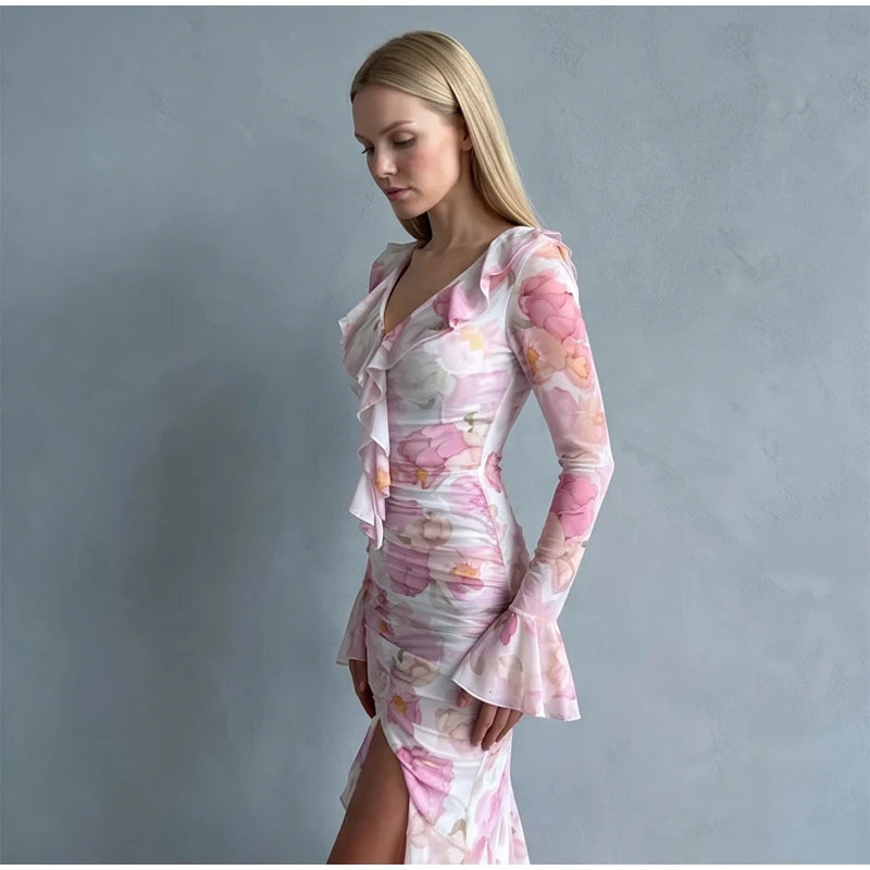 Women Pink Floral Print Maxi Dress Elegant V Neck Ruffle Trim Flare Sleeve Ruched High Chiffon Dresses 2026 Lady Party Vestido