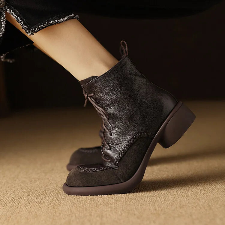 New Autumn Winter Genuine Leather Women Boots Fashion Lace Ankle Boot for Women Short Boots Shoes Chunky Heel Botines Mujer