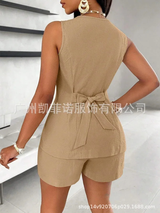 Women Fashion Casual Shorts Set Summer Vest Top Button Solid 2 Pieces Set Lace-up Pant Suits Womens Clothing Office Holiday 2025