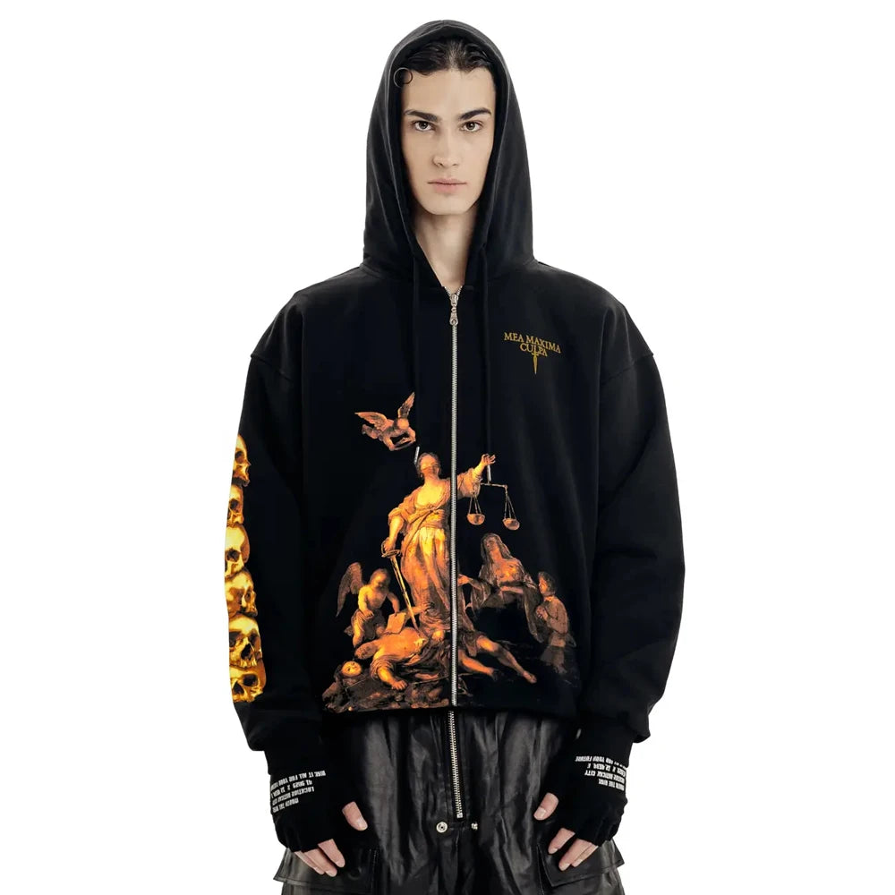Y2K Retro Hoodie Men Printed justice Print Pullover Sweatshirt Harajuku Hip Hop Streetwear Oversized Jacket Unisex Zipper Hoodie