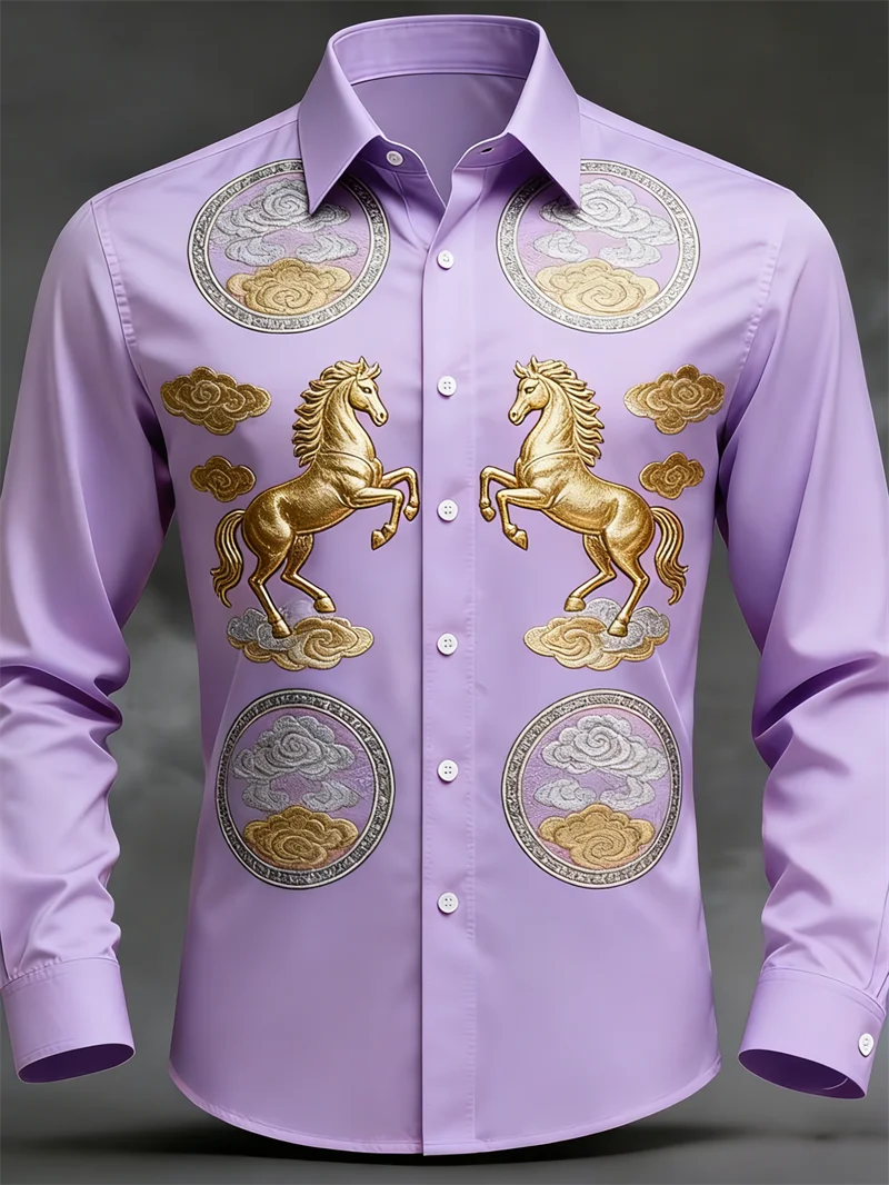 New Men's Long Sleeved Shirt Casual Button Lapel 3D Printed Horse Pattern Luxurious Men's Top Soft and Comfortable