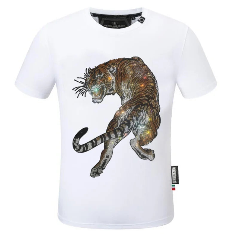 2025 Summer New Luxury Men's Fashion Skull Design Rhinestones T-Shirt Pure Cotton Crew-Neck Casual High Quality