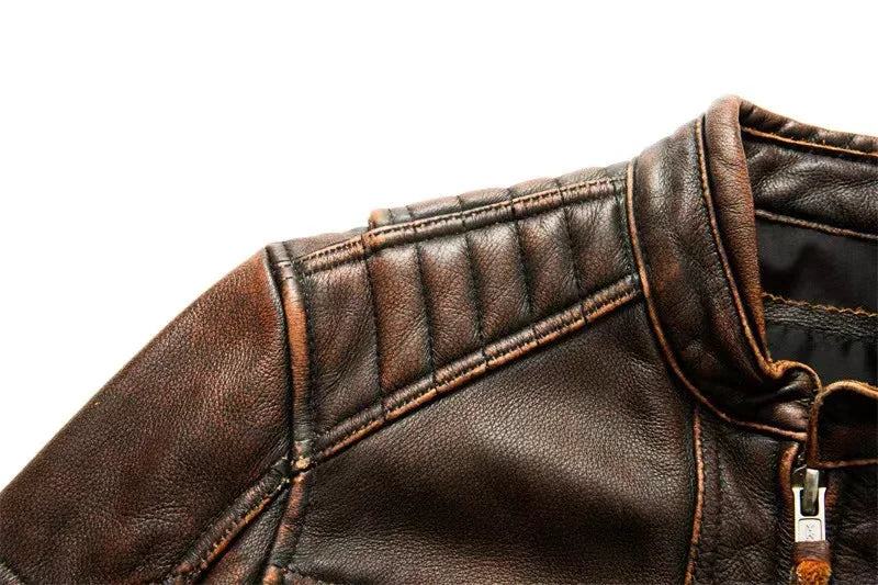 2023 New Motorcycle Causal Vintage Leather Coat Men Autumn Outfit Fashion Biker Pocket Design Top Layer Cow Leather Jacket