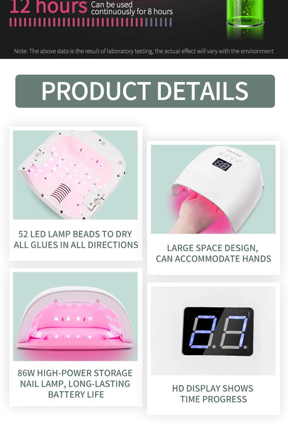 86W Lamp for Manicure Rechargeable Cordless Sun UV LED Lamp Nail Dryer For Curing All Gels 52 LEDs Light with LCD Timer Sensor