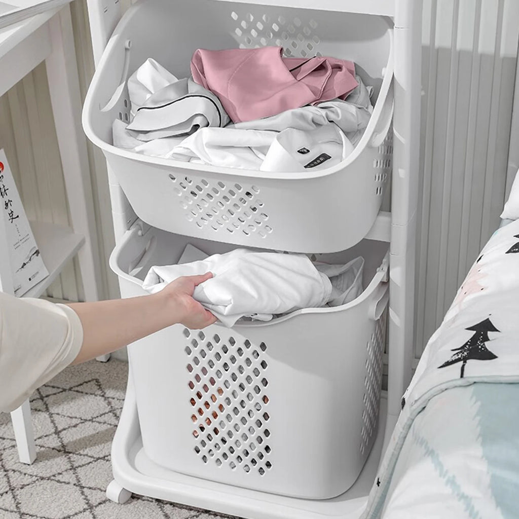 2/4 Tier Laundry Basket Cart Removable Rolling Cart Storage Buckets Plastic Hamper with 4 Wheels Organizer Portable Sort
