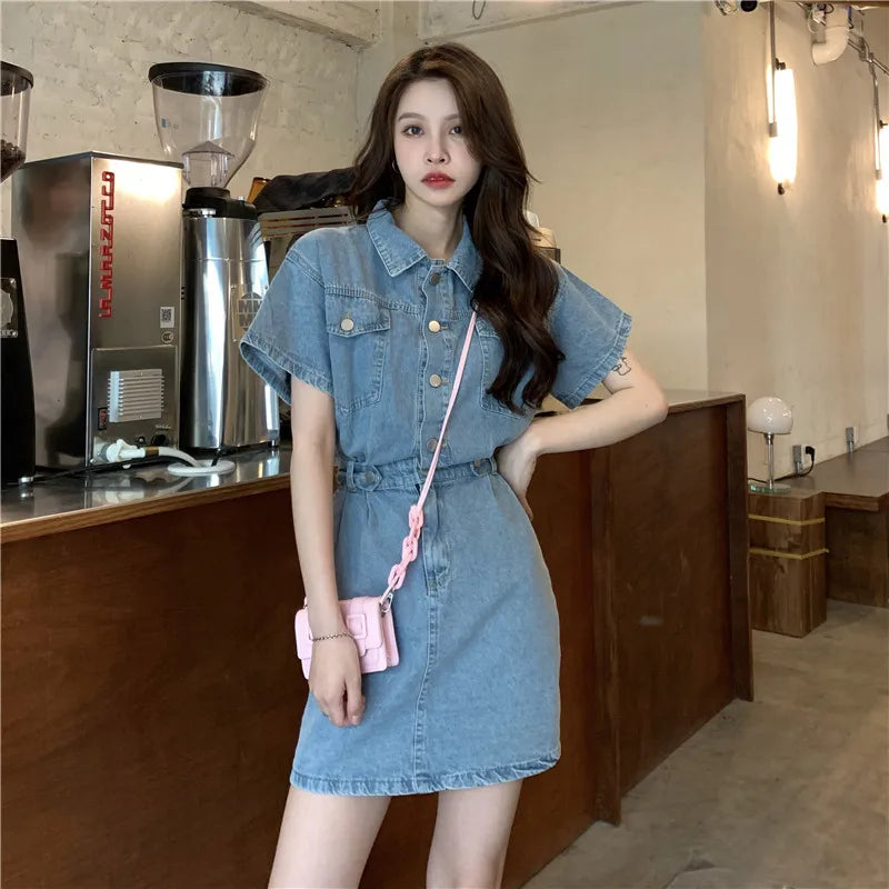 Women Vintage Denim Shirt Dress High Waist A-line Jean Mini Dress for Ladies Retro Y2K Streetwear Dresses for Women Party Outfit
