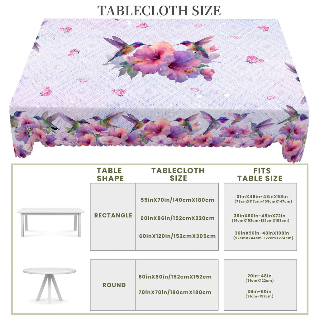 1 Piece of Spring and Summer Floral and Bird-Themed Printed Round and Rectangular Tablecloth, Available in Various Sizes, Featuring Vibrant Hummingbirds and Blooming Hibiscus Intertwined with Fresh Small Flowers and Light Pur