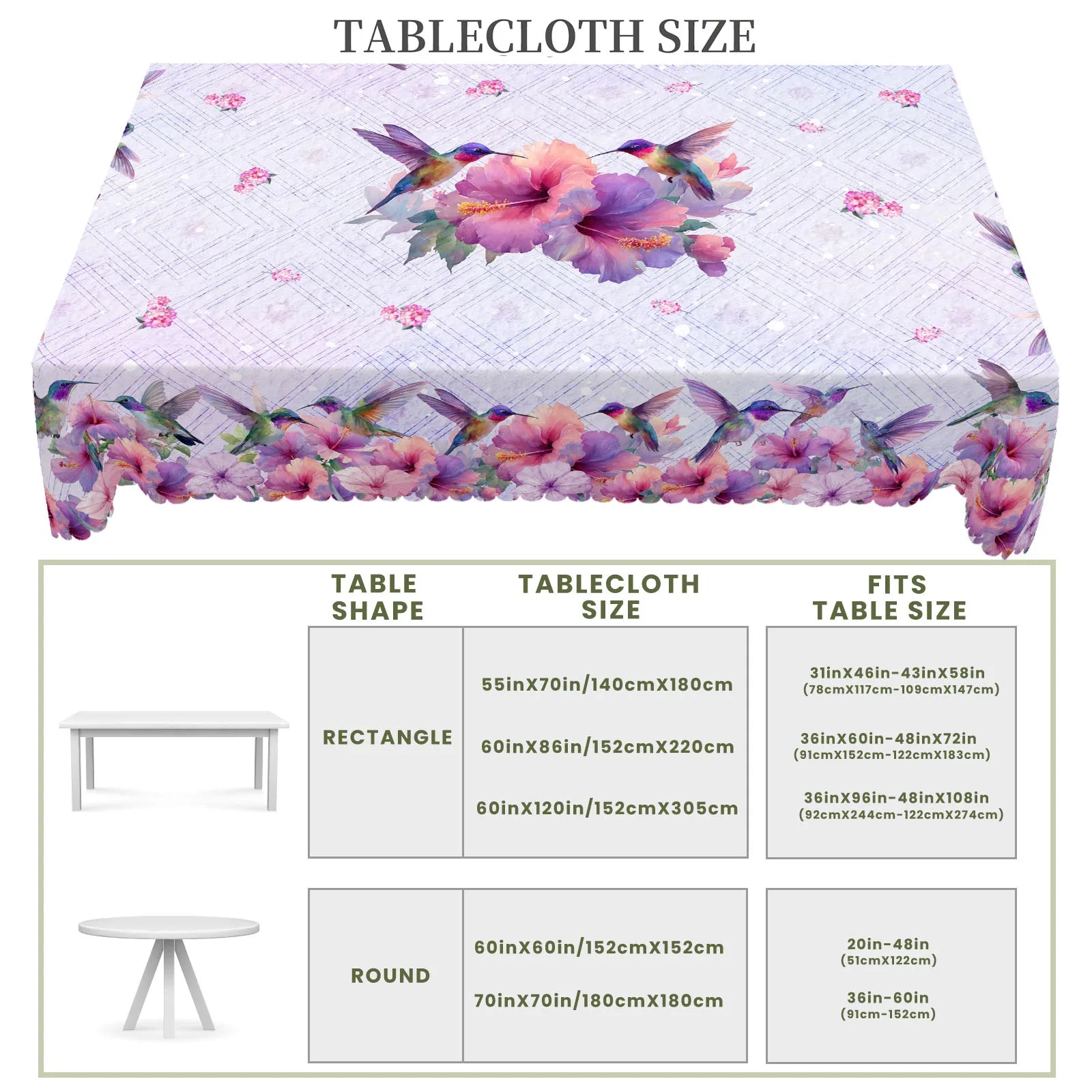 1 Piece of Spring and Summer Floral and Bird-Themed Printed Round and Rectangular Tablecloth, Available in Various Sizes, Featuring Vibrant Hummingbirds and Blooming Hibiscus Intertwined with Fresh Small Flowers and Light Pur